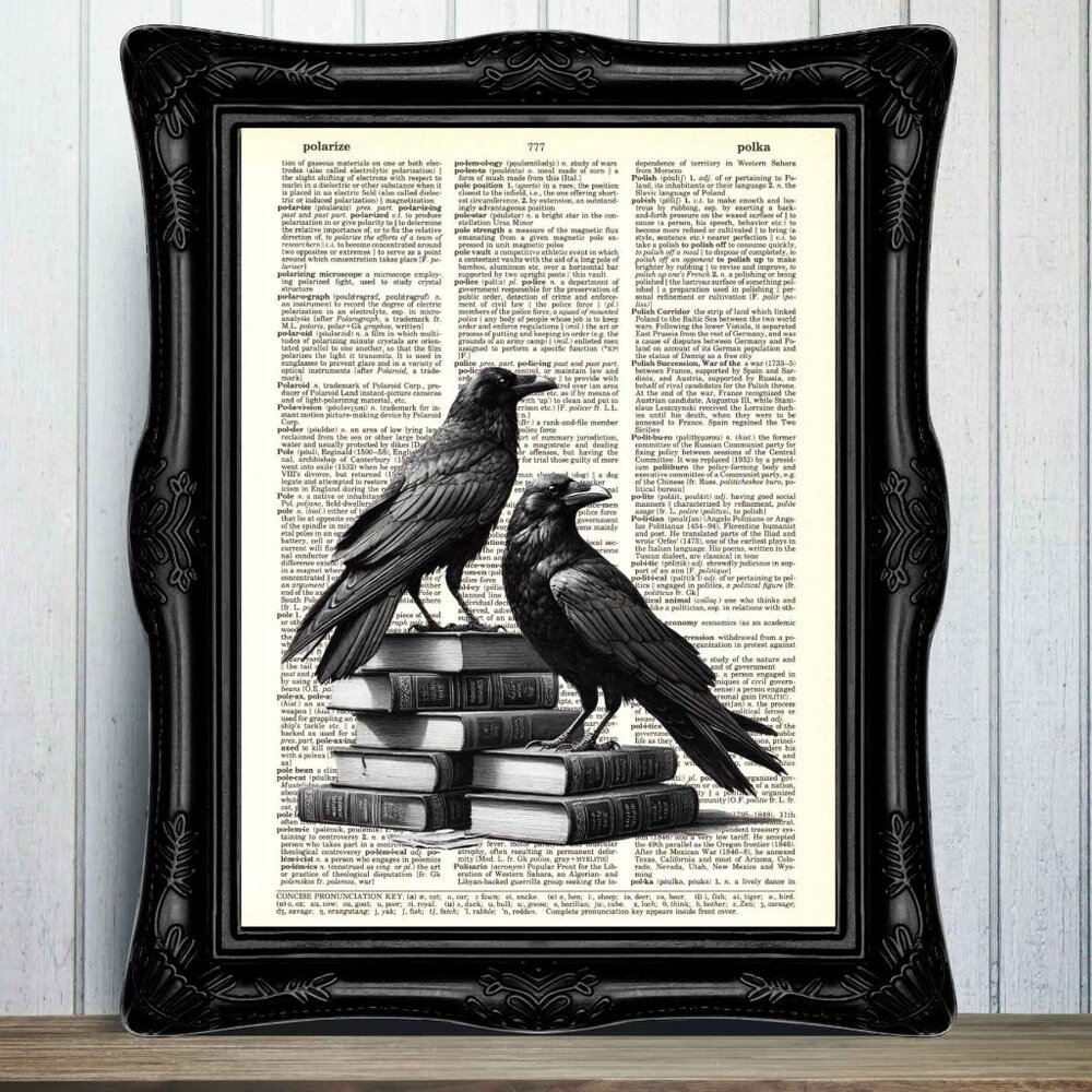 Raven Crow on Books DICTIONARY ART PRINT - Vintage Wall Decor Poster